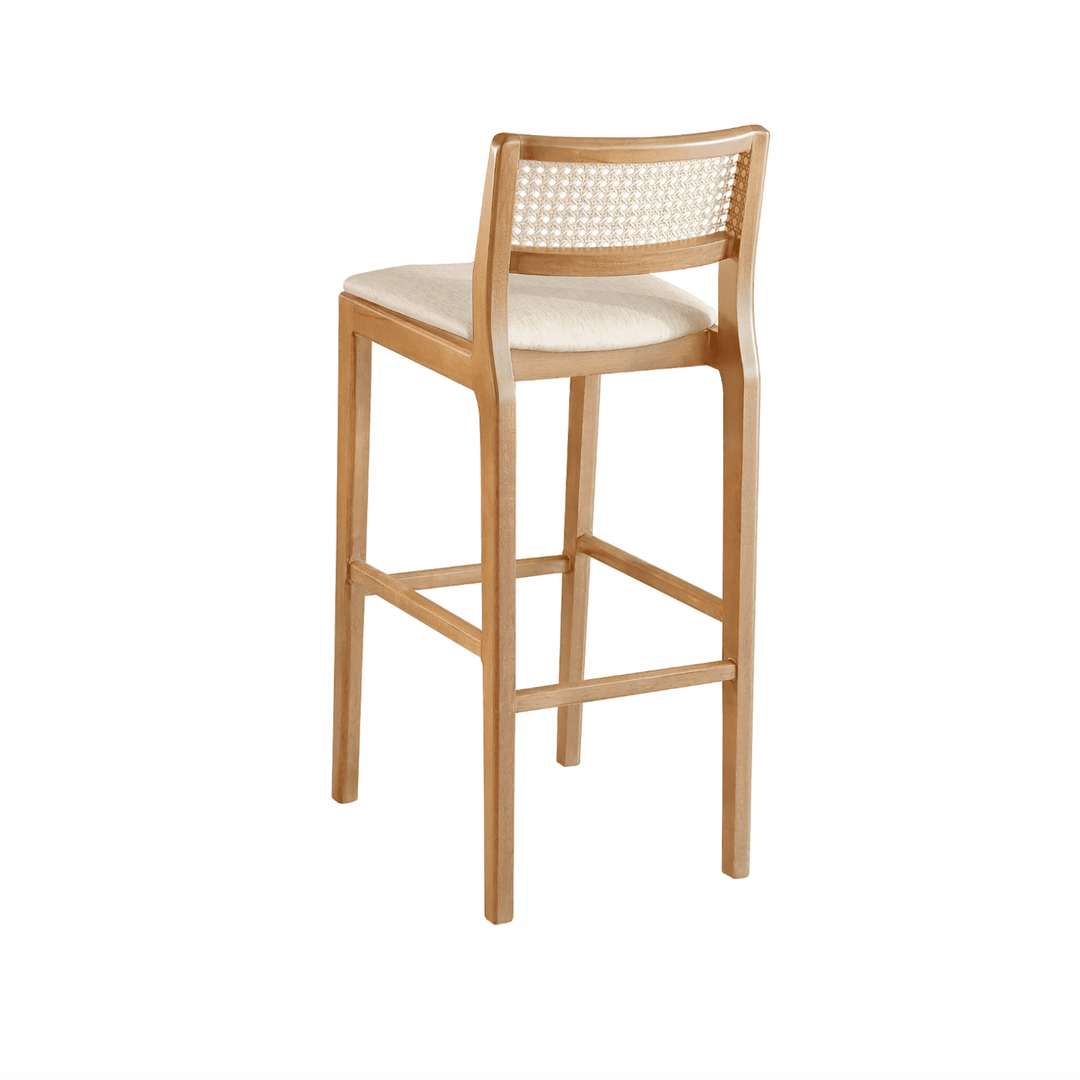 Banqueta Oslo em Madeira Maciça com Encosto em Tela Rattan Palha Natural