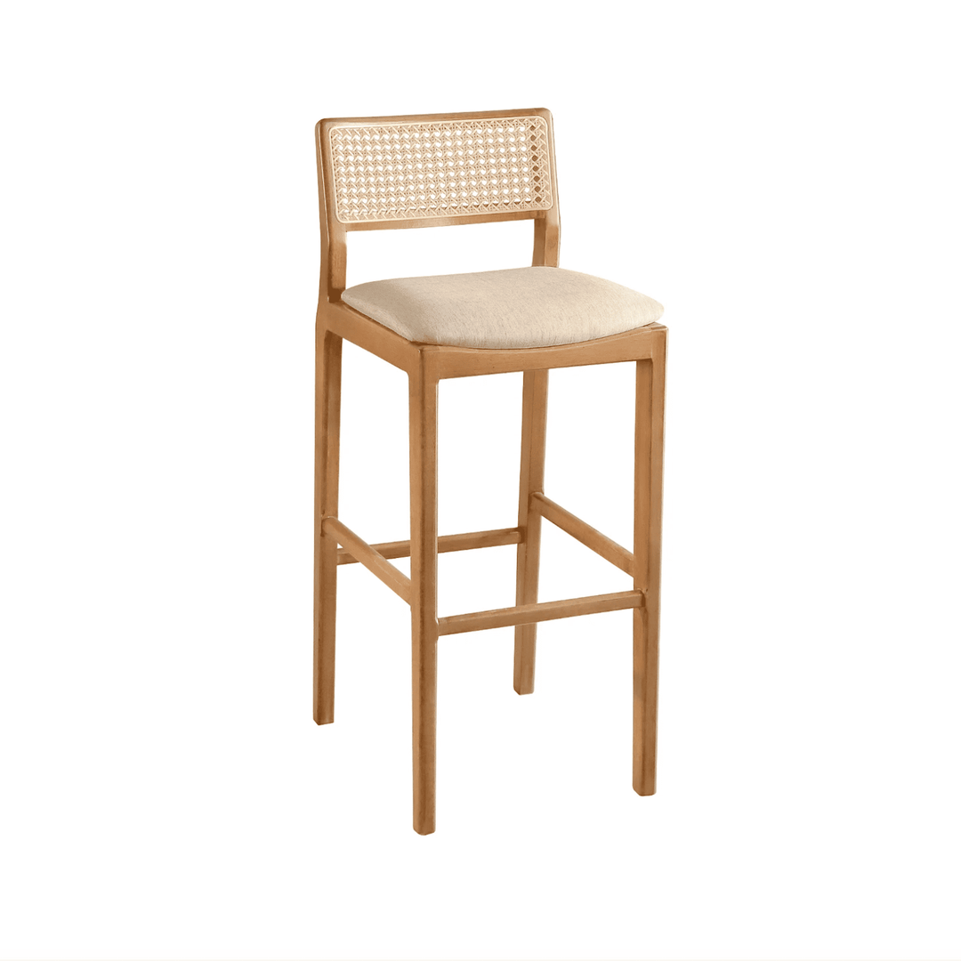 Banqueta Oslo em Madeira Maciça com Encosto em Tela Rattan Palha Natural