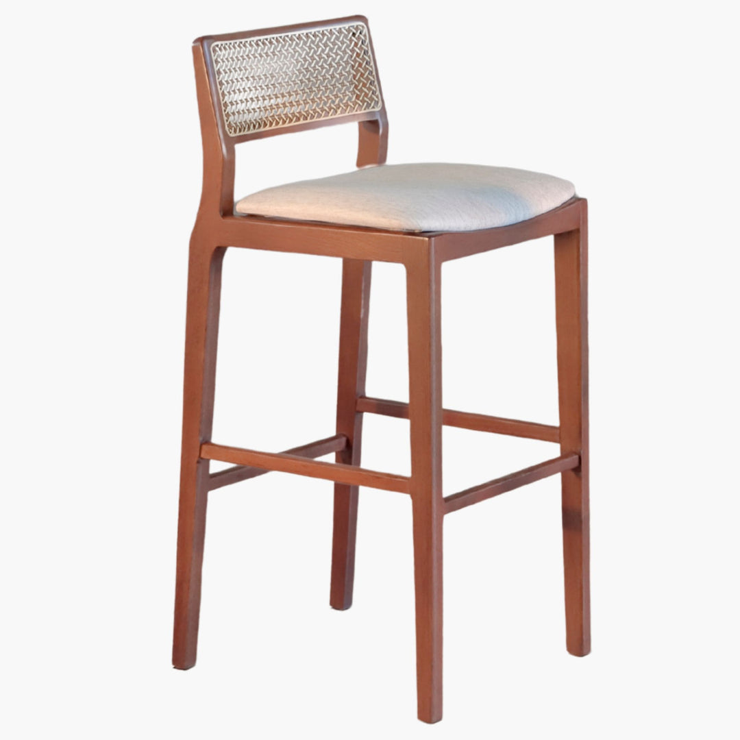Banqueta Oslo em Madeira Maciça com Encosto em Tela Rattan Palha Natural